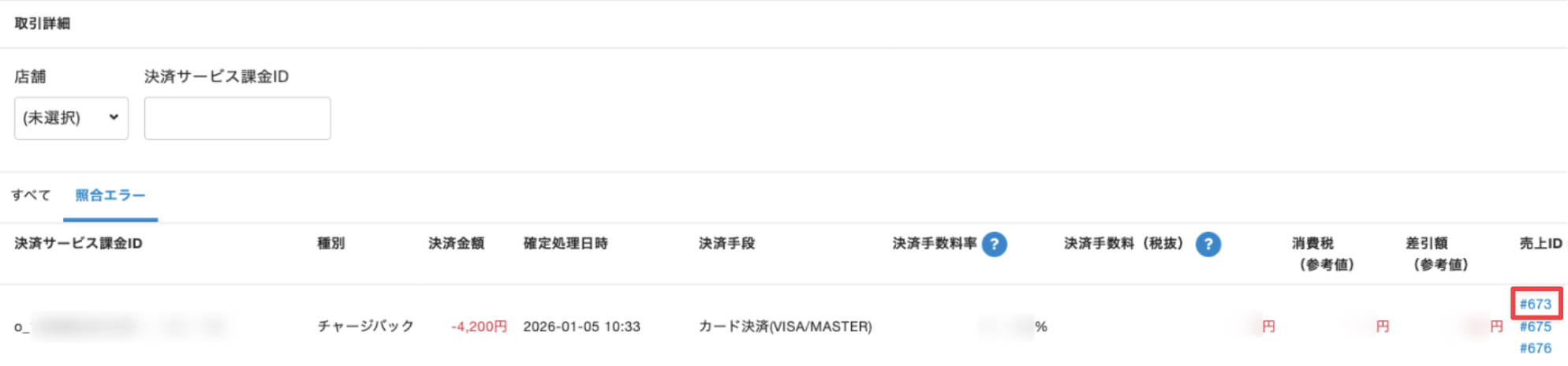 ［種別］が［チャージバック］の［売上ID］をクリックします。